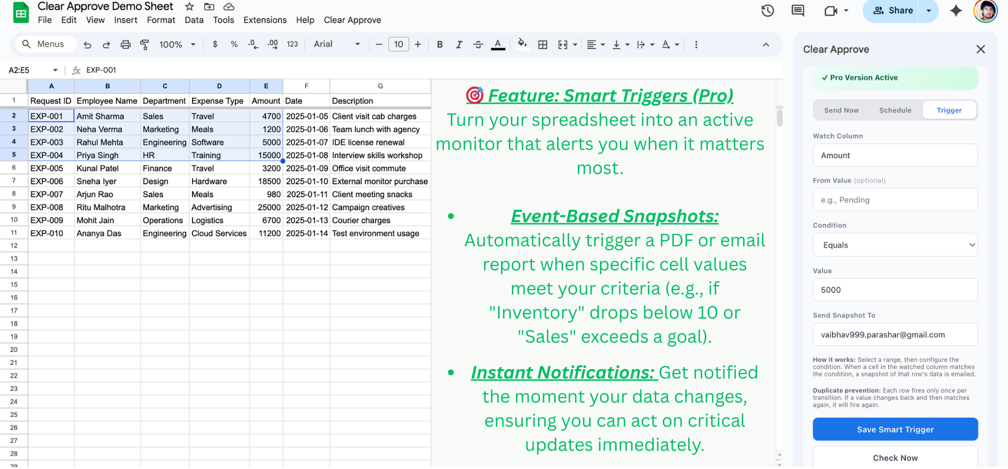 Clear Approve Smart Trigger tab showing column-based conditions for auto-sending snapshots